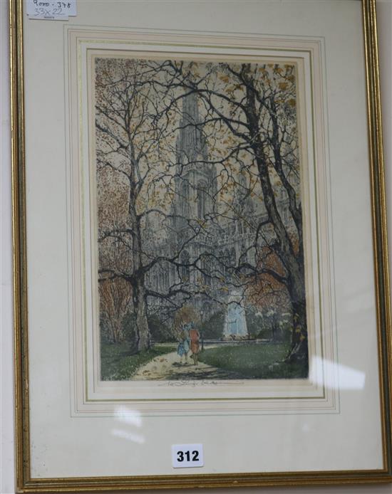 Luigi Kasimir (Austrian, 1881-1962) Cathedral viewed through trees, 12.75 x 8.5in.